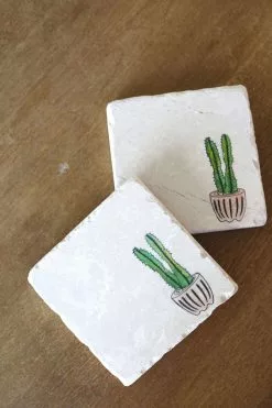 Lace, Grace, And Peonies Painted Cactus Marble Coaster- Set Of 4